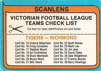 1980 Scanlens VFL #NNO Richmond Checklist Front